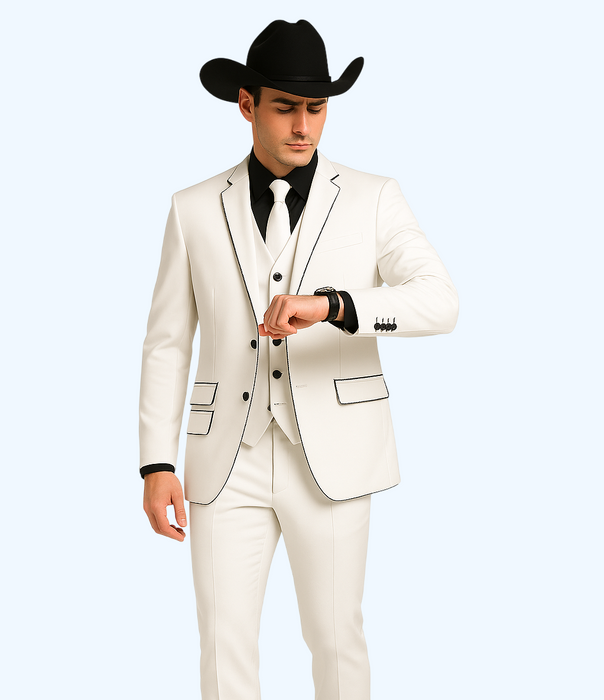 Black Lapel Two Toned Men'S 2 Buttons 3 Piece Church Suit White Tuxedo With Black Trim - Three Piece Suit