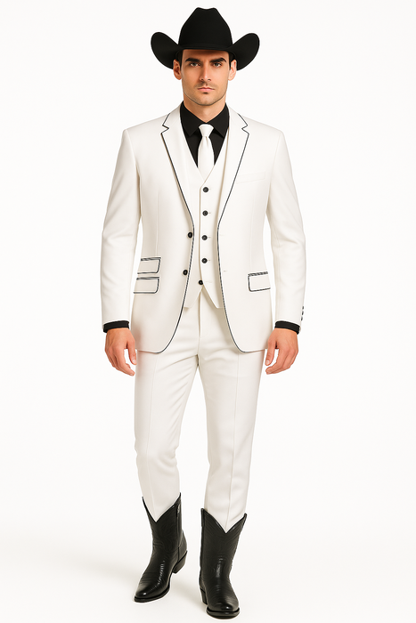 Black Lapel Two Toned Men'S 2 Buttons 3 Piece Church Suit White Tuxedo With Black Trim - Three Piece Suit