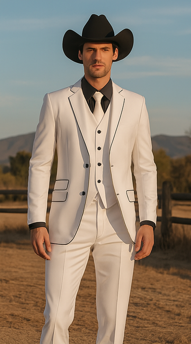 Black Lapel Two Toned Men'S 2 Buttons 3 Piece Church Suit White Tuxedo With Black Trim - Three Piece Suit