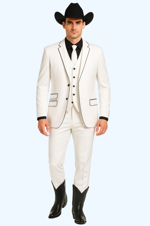 Black Lapel Two Toned Men'S 2 Buttons 3 Piece Church Suit White Tuxedo With Black Trim - Three Piece Suit