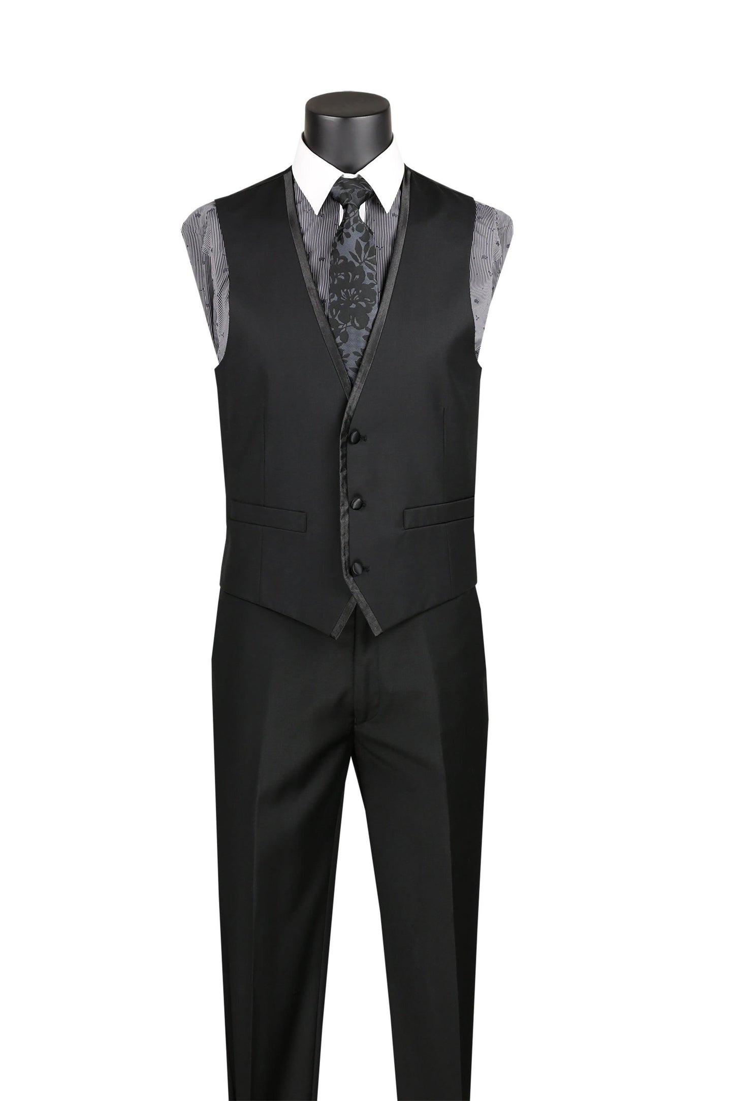 Black Trimmed Lapel Slim Fit 3 Piece Suit - Image 2