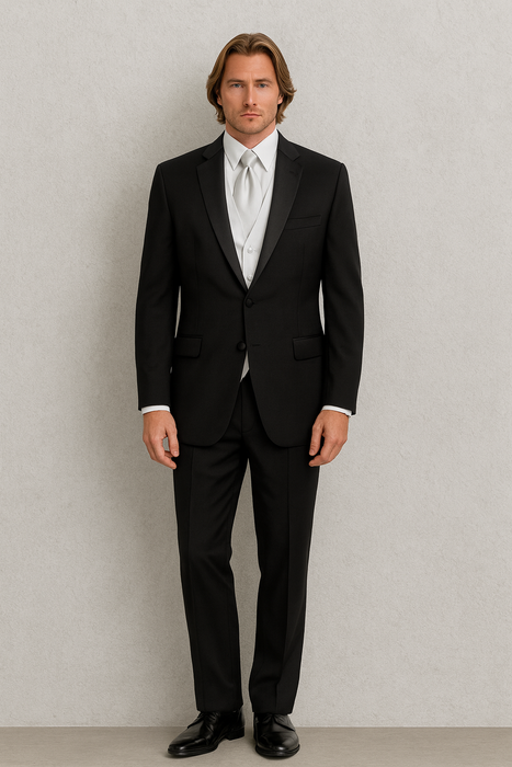 Package Deal High Quality 2-Button Side Vented Super 120's Tuxedo + White Shirt+White Tie+White Vest