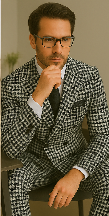 Wool Suit - Italian Made Business Suit by Statement Men's 2 Piece 100% Wool Double Breasted Suit - Houndstooth Pattern