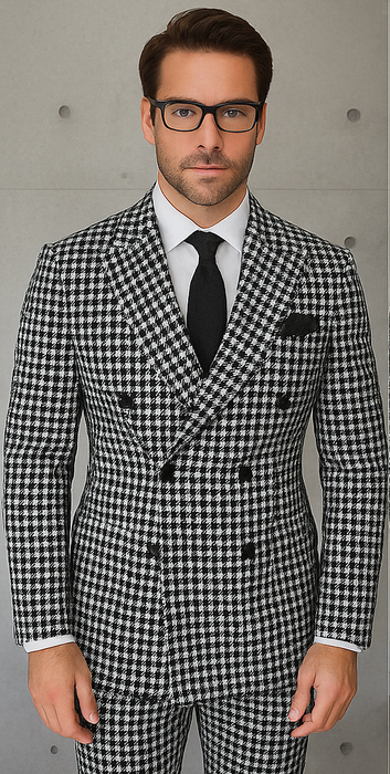 Wool Suit - Italian Made Business Suit by Statement Men's 2 Piece 100% Wool Double Breasted Suit - Houndstooth Pattern