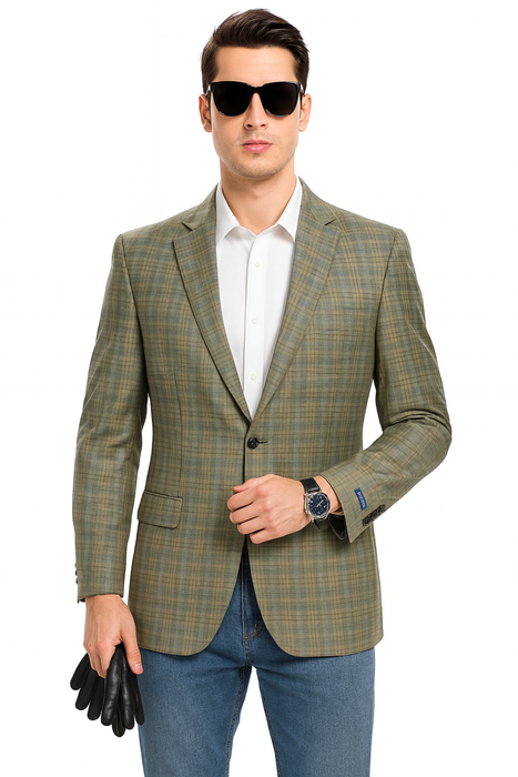 Saco vaquero - Western Sport Coat - Western Blazer - Men's Two Button Regular Fit Windowpane Plaid Sport Coat Blazer In Light Olive Green