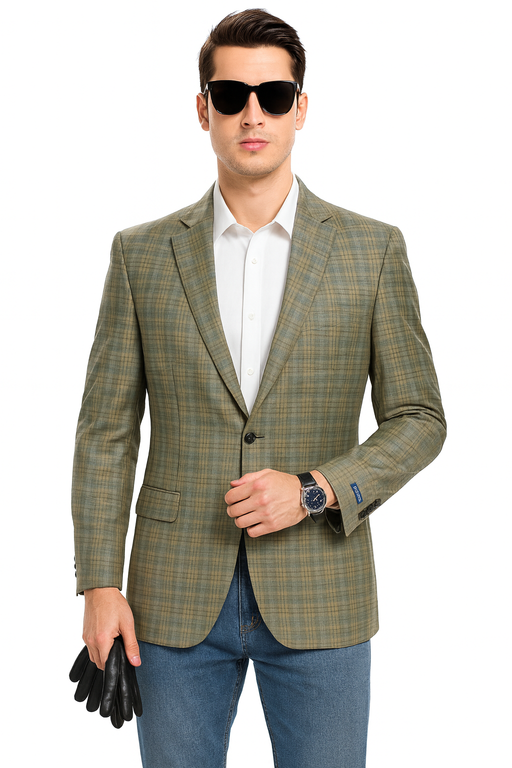 Saco vaquero - Western Sport Coat - Western Blazer - Men's Two Button Regular Fit Windowpane Plaid Sport Coat Blazer In Light Olive Green