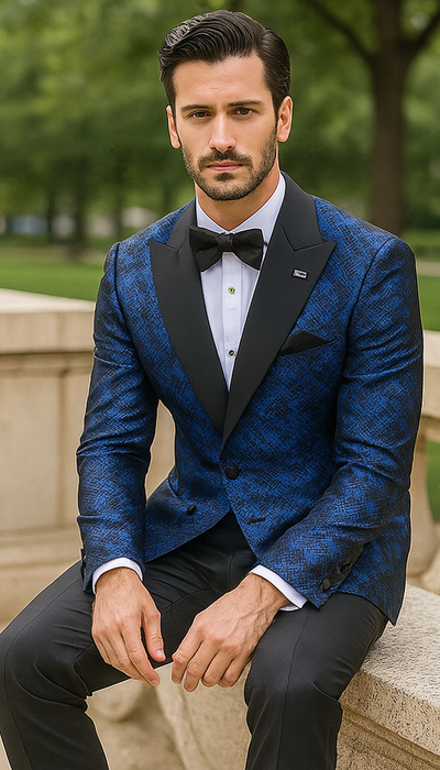 Blue Double Breasted Rough Streak Pattern Satin Peak Lapel Stacy Adams Men's Jacket