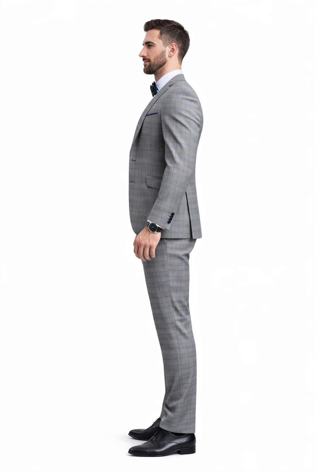 Blue Slim Fit Tuxedo 4 Piece Glen Plaid with Bow Tie - Image 7