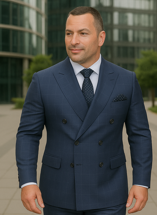 Wool Suit - Italian Made Business Suit by Statement Men's 2 Piece 100% Wool Double Breasted Suit - Micro Windowpane