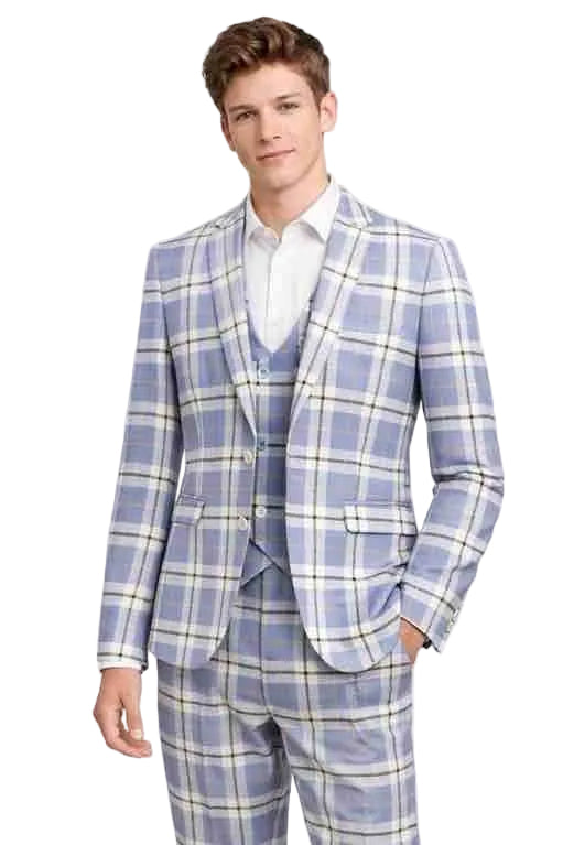Mens Light Blue Plaid 3 Piece Suit – Windowpane Check Vested Suit – Modern Slim Fit Formal Suit