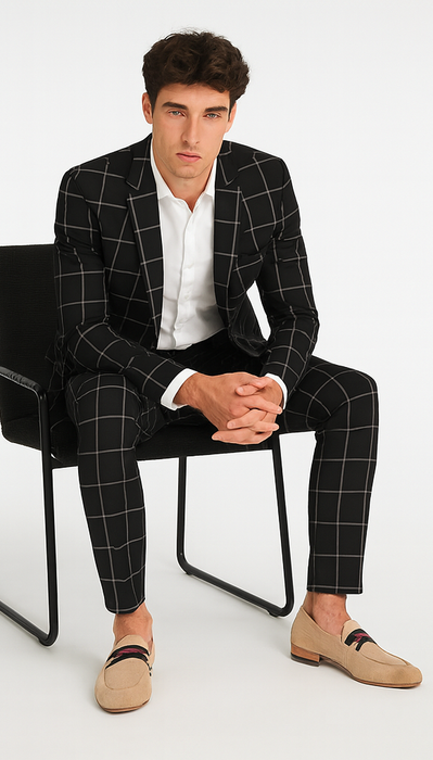 Bold Gangster Plaid Suit - 1920s Mens Fashion Window Pane Suit - Black