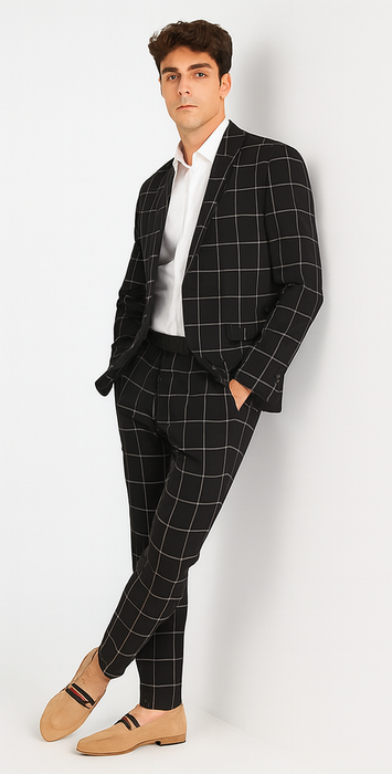 Bold Gangster Plaid Suit - 1920s Mens Fashion Window Pane Suit - Black