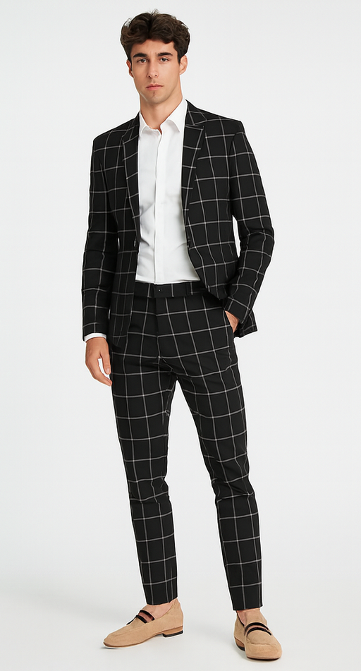 Bold Gangster Plaid Suit - 1920s Mens Fashion Window Pane Suit - Black
