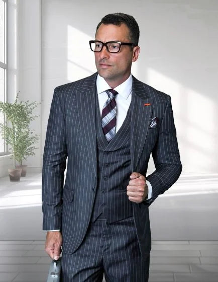 Statement Men's 100% Wool Pinstripe 3 Piece Suit - Notch Lapel Modern Fit
