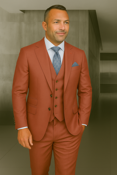 Wool Suit - Italian Made Business Suit by Statement Men's 3 Piece 100% Wool Fashion Suit - Bold Colors