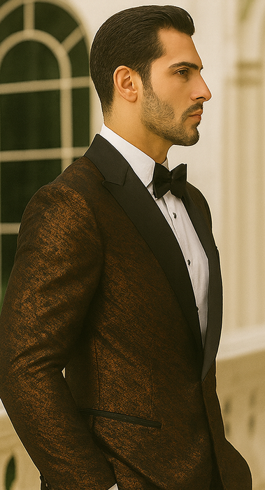 Bronze Double Breasted Rough Streak Pattern Satin Peak Lapel Stacy Adams Men's Jacket