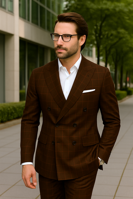 Wool Suit - Italian Made Business Suit by Statement Men's 100% Wool 2 Piece Suit - Double Breasted Windowpane