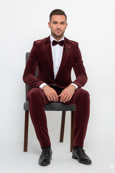 Burgundy Modern Stylish Ensemble Velvet Suit