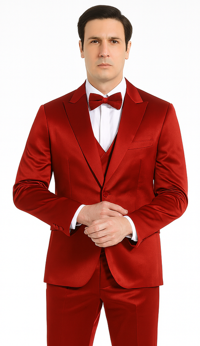 Tazzio Men's Burgundy Satin Double Breasted 3 Piece Skinny Fit Suit with Peak Lapel Jacket and Vest