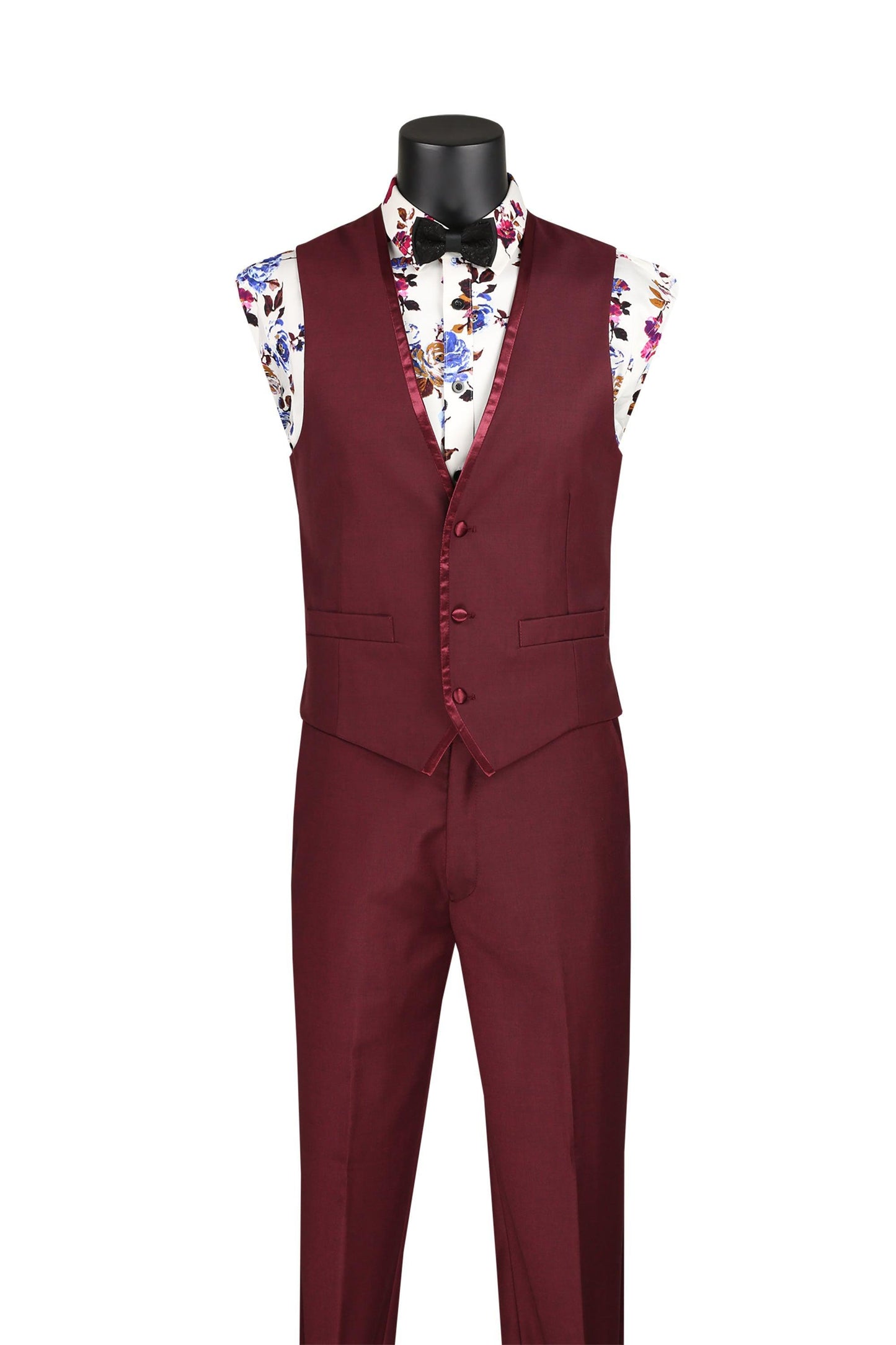 Burgundy Trimmed Lapel Slim Fit 3 Piece Suit - Image 2