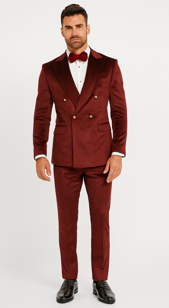 Burgundy Velvet Double Breasted Suits - Velvet Pants