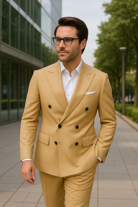 Wool Suit - Italian Made Business Suit by Statement Men's 100% Wool 2 Piece Double Breasted Suit - Subtle Windowpane