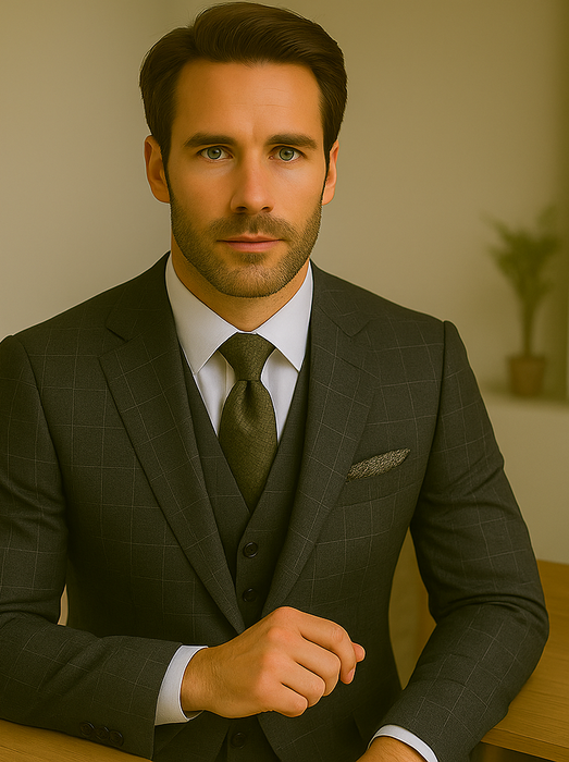 Wool Suit - Italian Made Business Suit by Statement Men's 3 Piece 100% Wool Modern Fit Suit - V-Neck Double Breasted Vest