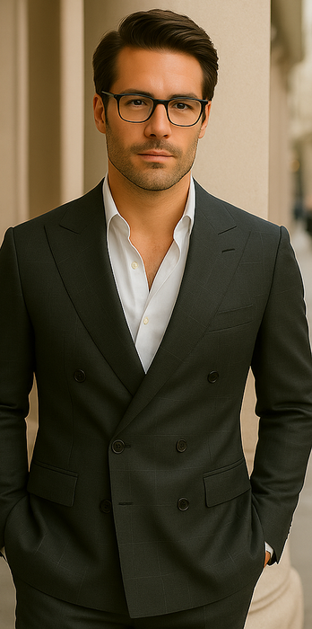 Wool Suit - Italian Made Business Suit by Statement Men's 100% Wool 2 Piece Double Breasted Suit - Subtle Windowpane