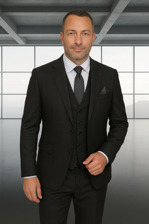 Wool Suit - Italian Made Business Suit by Statement Men's 3 Piece 100% Wool Modern Fit Suit - Solid Scoop Vest