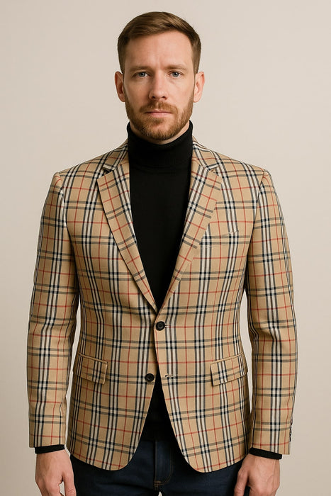 Classic Beige Checkered Blazer – Tan Plaid Sport Coat - Camel Windowpane Pattern
