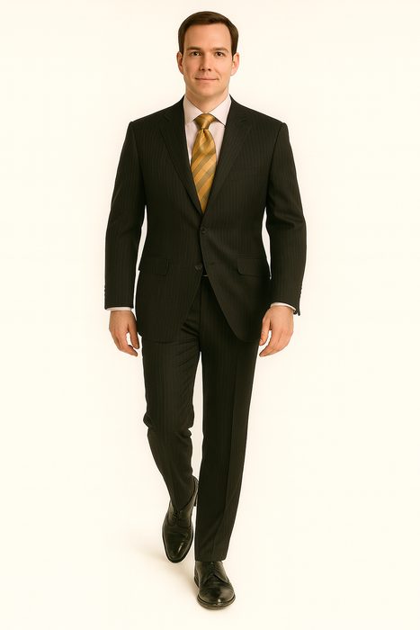 Black Almost Very Dark Gray Wiht Light Gray Pinstripe 100% Worsted Wool Available In 2 Or 3 Buttons Style Regular Classic Cut Cheap Priced Business Suits Clearance Sale