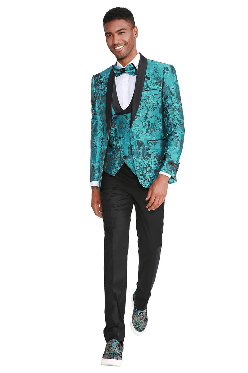 Aqua Turquoise Light Blue Color Men's Slim Fit One Button Vested Paisley Shawl Lapel Prom Tuxedo in Turquoise
