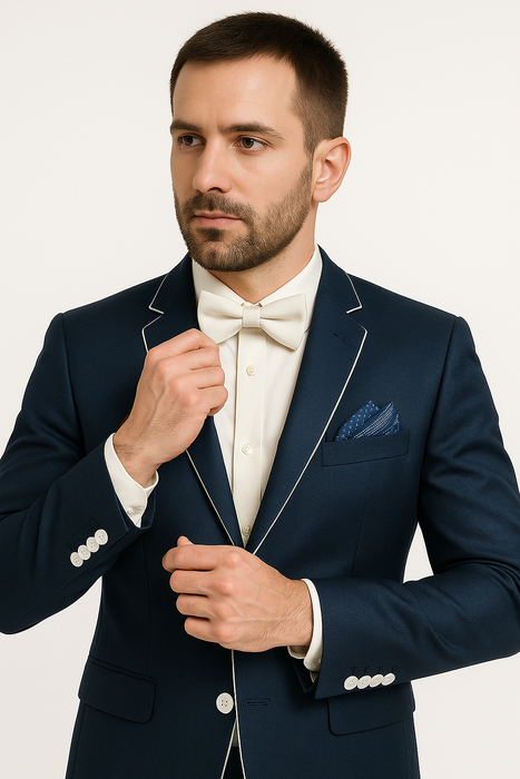 Dark Navy Blue Suit For Men And White Trim Lapel Tuxedo Looking Suit Side Vented Wedding /Prom Fashion