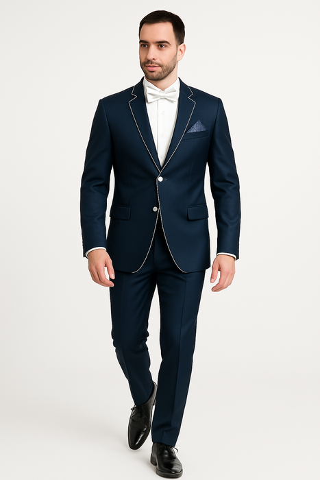 Dark Navy Blue Suit For Men And White Trim Lapel Tuxedo Looking Suit Side Vented Wedding /Prom Fashion