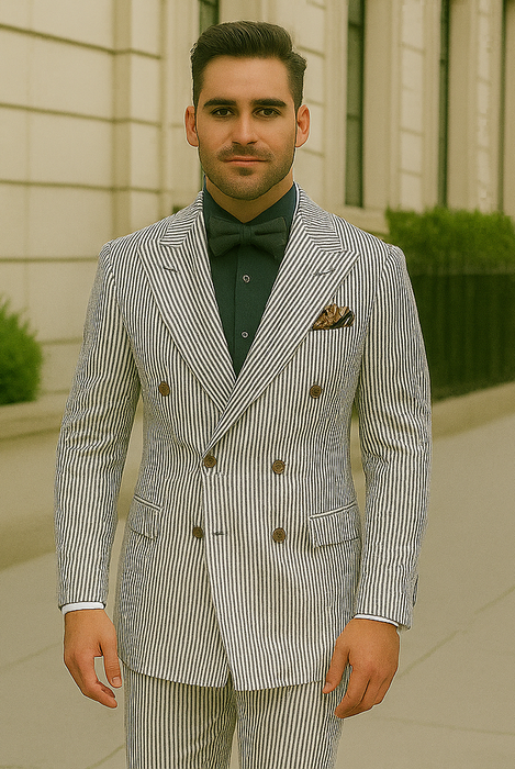 Double Breasted Blue Seersucker Blazer