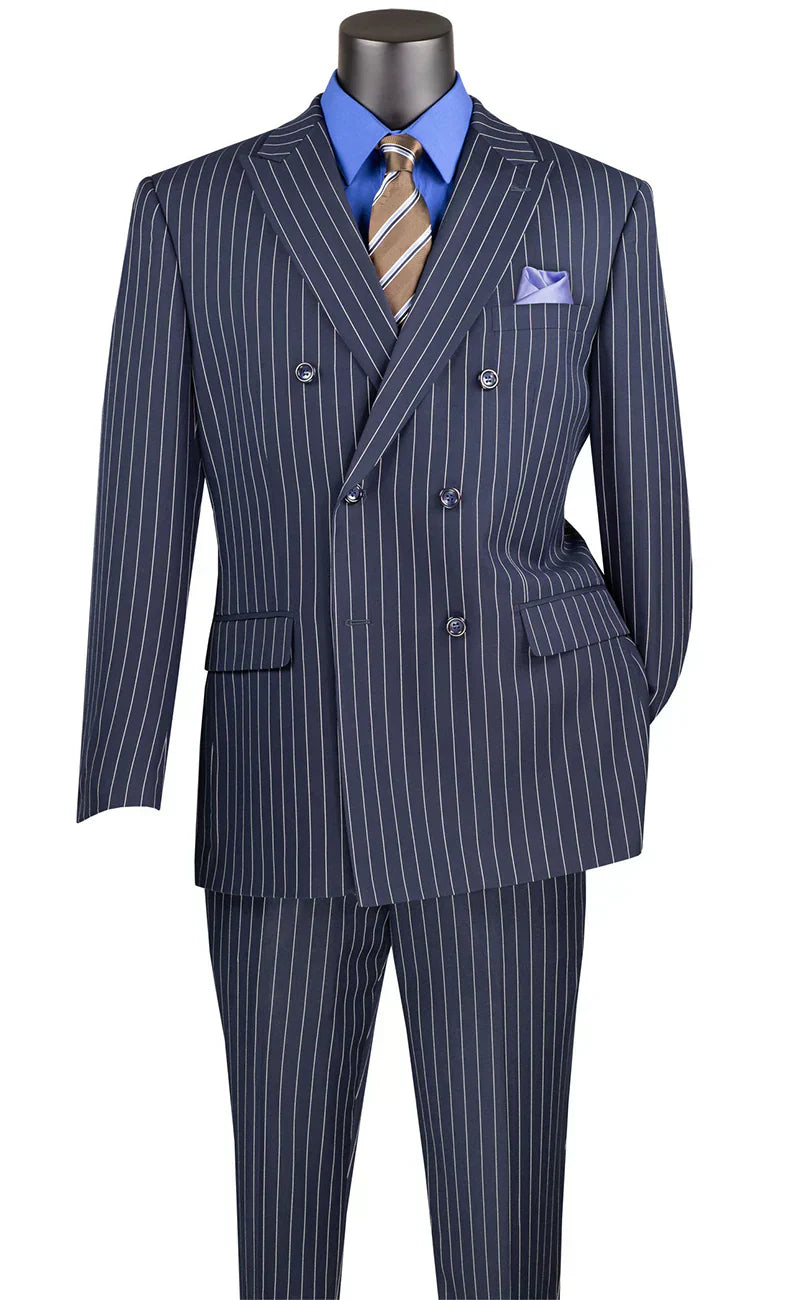 Rockefeller Collection - Double Breasted Stripe Suit Navy Regular Fit 2 Piece Modern Fit