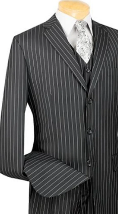 Men'S 1920'S 30'S Fashion Look Available In 2 Or 3 Buttons Kids Sizes 3 Piece Bold Chalk Pinstripe Black Three Piece Vested Suit Perfect For Boys Wedding Outfits
