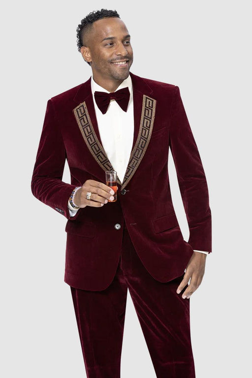 EJ Samuel Men's Burgundy Velvet Tuxedo with Gold Sequin Lapel