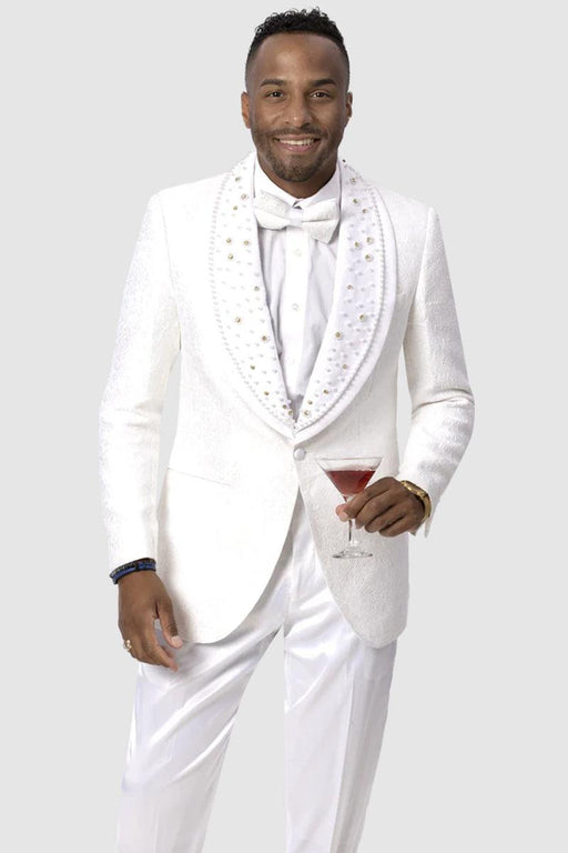 EJ Samuel White Paisley Diamond Lace Tux Jacket: Classic Elegance, Modern Twist