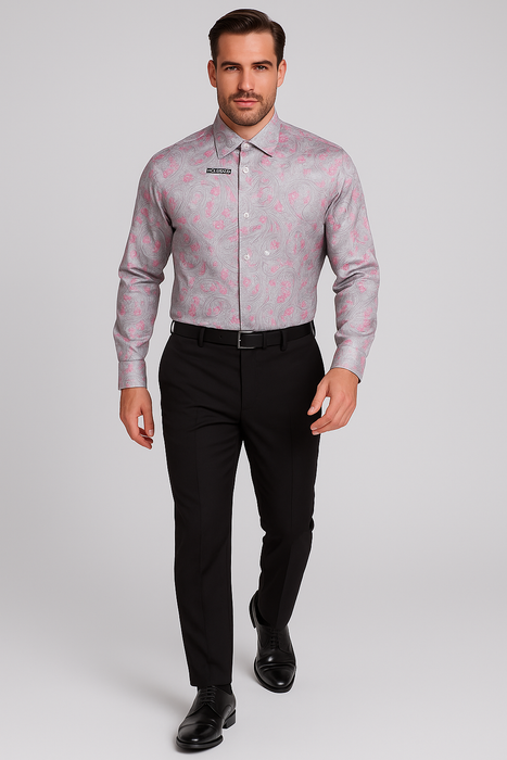 Mens Paisley Shirts - Club Fashion Dress Shirt Spread Collar in  Color Grey