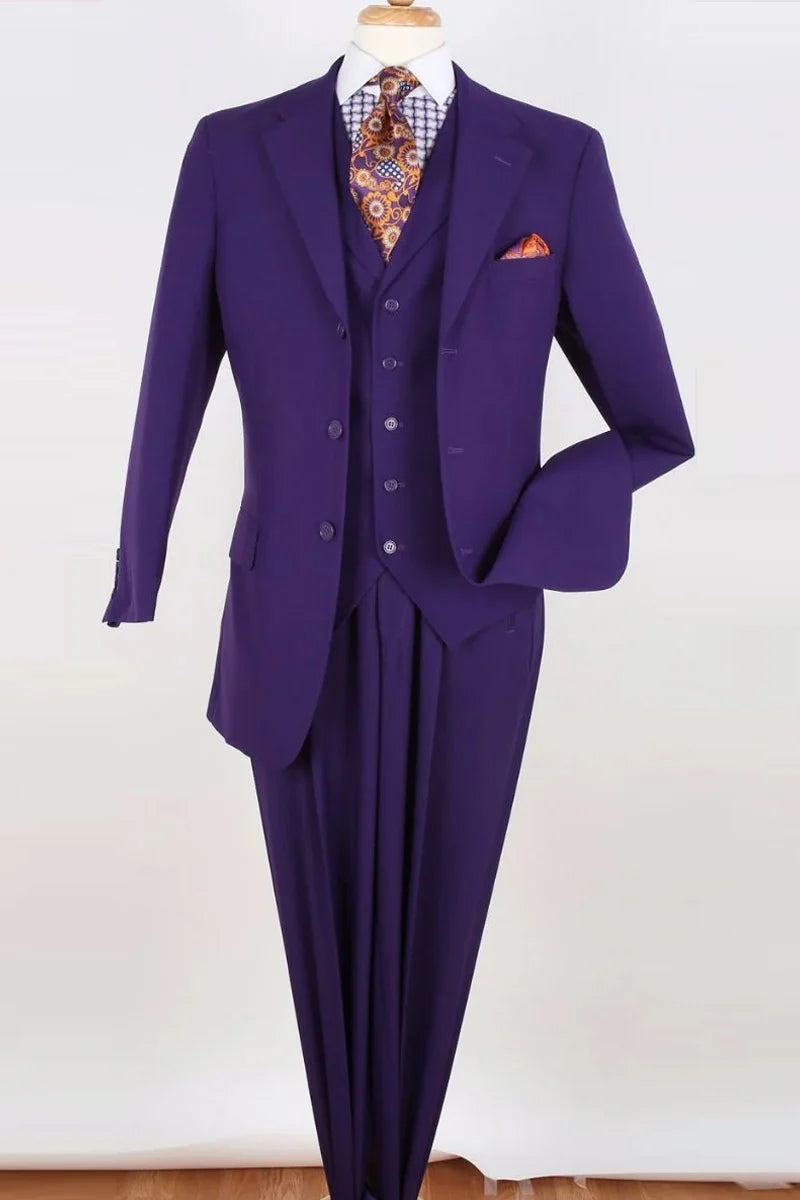 Apollo King Designer Brand Mens Three Button Classic Fit Vested Suit in Purple