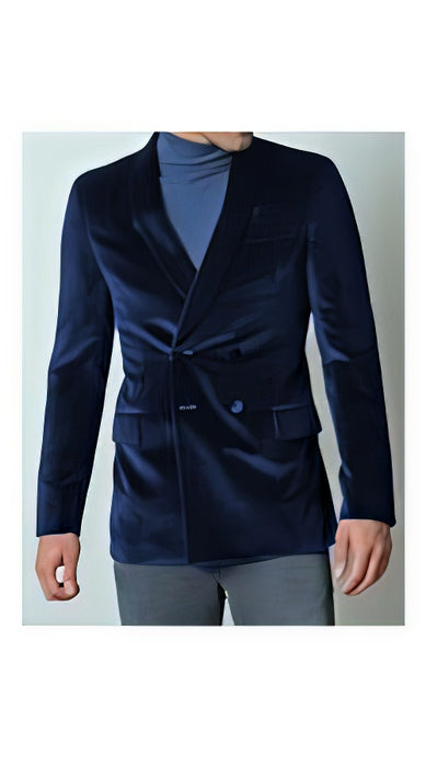 Men'S Dark Navy Blue Double Breasted Dinner Jacket Casual Velvet Fabric Sport Coat Jacket Blazer Tuxedo - Slim Fitted