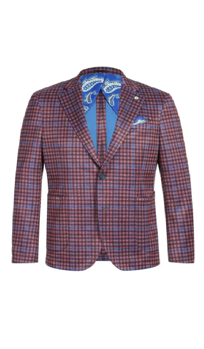 Saco vaquero - Western Sport Coat - Western Blazer - Mens Two Button Slim Fit Unconstructed Summer Cotton Blazer In Burgundy & Blue Windowpane Plaid