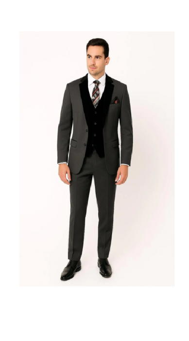 Men's Charcoal Gray 3-Piece Suit with Black Velvet Lapel – Formal Business and Wedding Attire - Gray Tuxedo