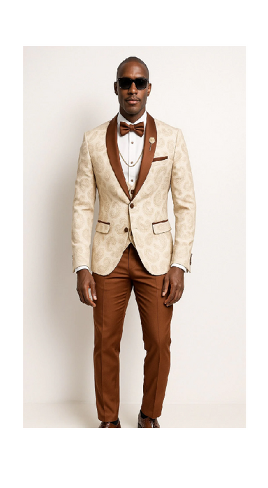 Mens Champagne Paisley Tuxedo with Brown Satin Lapel and Pants – Formal Wedding Suit with Chain Brooch