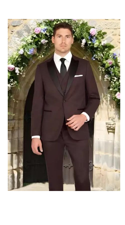 Men'S Black And Burgundy ~ Wine ~ Maroon Color Slim Fit 1 Button Satin Peak Lapel Mini Teakweave Vested Tuxedo Burgundy Tuxedo