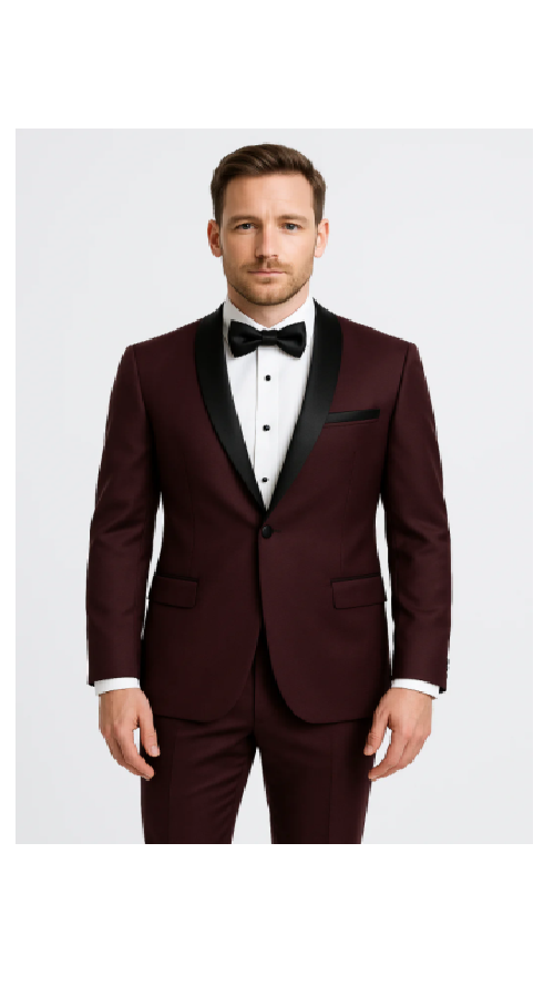Men'S Maroon Tuxedo Slim Fit Black And Burgundy ~ Wine ~ Maroon Suit