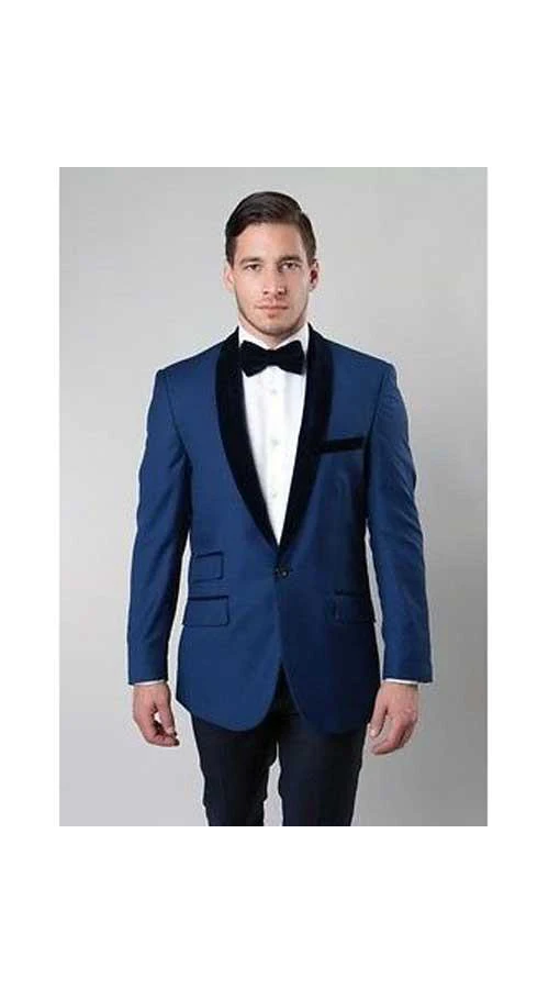 Men'S Deep Blue 1 Button Satin Shawl Collar Two Tone Velvet Slim Fit Blazer