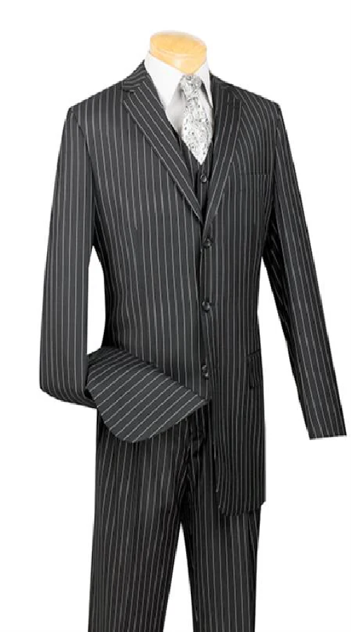 Men'S 1920'S 30'S Fashion Look Available In 2 Or 3 Buttons Kids Sizes 3 Piece Bold Chalk Pinstripe Black Three Piece Vested Suit Perfect For Boys Wedding Outfits