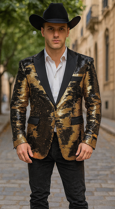 Gold Shiny Black Peak Lapels paisley look Fashion Tuxedo sport coat jacket